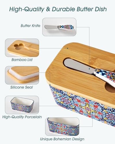vancasso SIMI Butter Dish with Lid, 6.5" Large Butter Dish for Countertop, Bohemian Ceramic Butter Keeper Container with Knife and Bamboo Lid, Butter Holder for Counter, Twilight Bloom 5