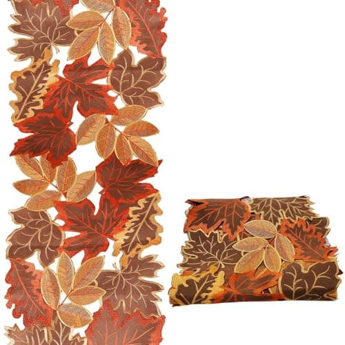 Vkinman Embroidered Table Runner, Leaves Fall Table Runner for Dining Table Kitchen for Halloween Thanksgiving Christmas Theme Decoration 13"x70"