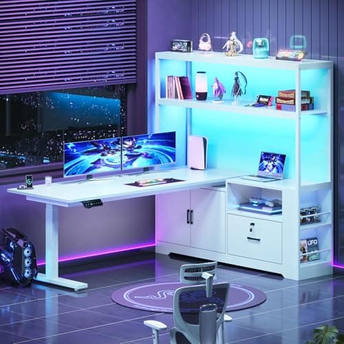 SEDETA 56.7" L Shaped Standing Desk, Reversible Computer Office Desk with Drawers & Hutch, Stand Up Corner Gaming Desks with LED Lights & Power Outlets for Home Office, White 9