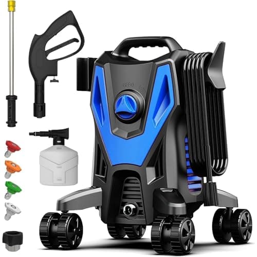 Pressure Washer 4 Wheels with Anti-Tipping Technology, Soap Tank 4 Nozzles for Patios Cars Home