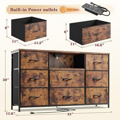 Dresser for Bedroom with Charging Station, 8 Drawers Dressers & Chests of Drawers for 50 55 inch TV, Dresser TV Stand for Bedroom, Fabric Dresser with Open Shelves for Living Room Hallway, Brown 3