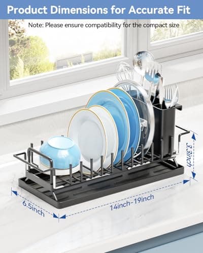 LIONONLY Small Dish Drying Rack in Sink, Expandable Dish Drainer Over Sink with Silicone Drying Tray, Compact Dish Rack for Kitchen Counter with Utensil Holder, Drying Rack Organize Small Space, Black 6