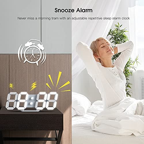Led Digital Alarm, 3D Wall Clock Desk Auto Dimming 12/24 Hour Date Temperature Home Decor Remote Control Silent Snooze USB Nightlight Bedroom Living Room Kitchen Office 9.7inch Cool White 5