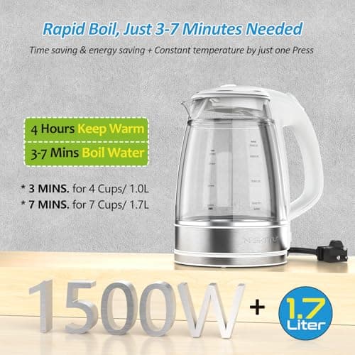 NISVITU Glass & Stainless Steel Cordless Electric kettle for boiling water, Hot water boiler Electric Tea Kettle automatic shut off Boil-Dry Protection, PC Outer + Glass Inner, 1500W, 1.7L, WH 5