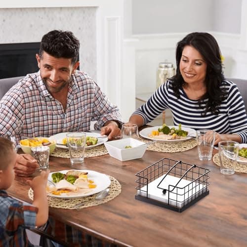 Homode Napkin Holder for Table, Farmhouse Napkin Holders for Paper Napkins, Flat Napkin Basket with Weighted Arm, Wood Kitchen Napkin Dispenser, Rustic Brown and Black 5