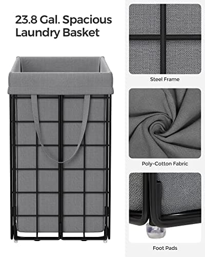 SONGMICS Laundry Hamper, 23.8 Gal. (90L) Laundry Basket, Collapsible Clothes Hamper, Removable and Washable Liner, Metal Wire Frame, for Bedroom Bathroom, Black and Gray ULCB190G01 6