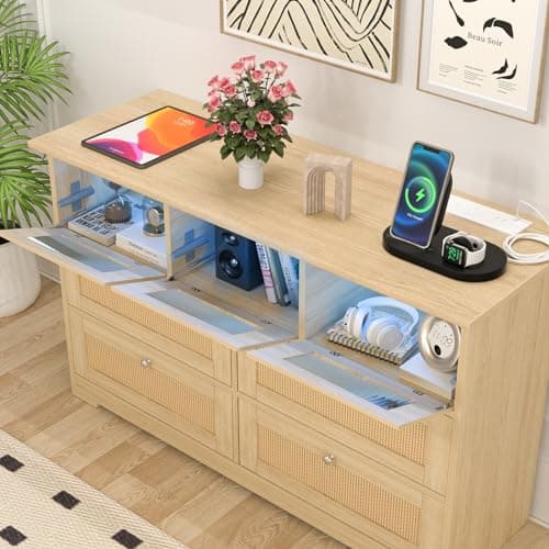 Yeyawomy Dresser for Bedroom, 7 Drawers Rattan Dresser with LED Light and Charging Station,Dressers & Chests of Drawers,Wooden Long Dresser for Bedroom and Living Room 4