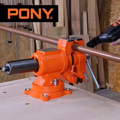 PONY Heavy Duty Bench Vise, 5-inch Jaw Width and Opening, 360-Degree Swivel Base With Anvil, Utility Combination Pipe Home Vise for Woodworking, One-Pair Vise Jaw Pad Included 8