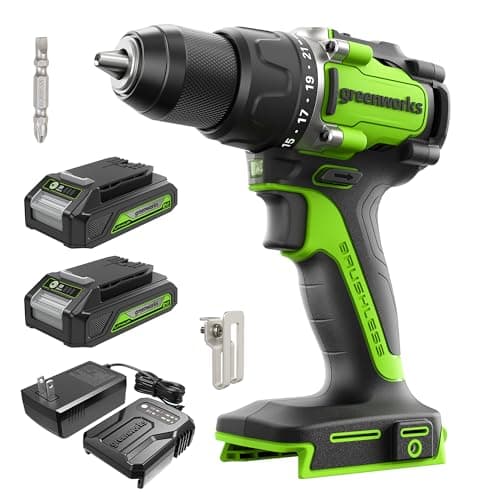 Greenworks 24V Brushless Cordless Compact 1/2 in. Drill/Driver Kit (Keyless Ratcheting Metal Chuck /530 in.-lbs. /21+1 Clutch Position/LED Light), 2×2Ah Battery and Fast Charger Included