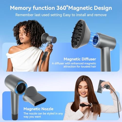 Hair Dryer,160000 RPM Ionic Hair Drye,Portable Lightweight Blow Dryer with 500 Million Negative Ions, High-Speed Hair Dryer with Magnetic Diffuser & Nozzle for Home and Travel 7