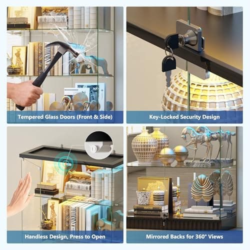 Glass Display Cabinet with RGB Lights - 5-Tiers Curio Cabinet Display Case with Lock, Frameless Tall Showcase Display Shelf for Collectibles & Legos, Living Room Bookcase Storage Cabinet (Black) 6