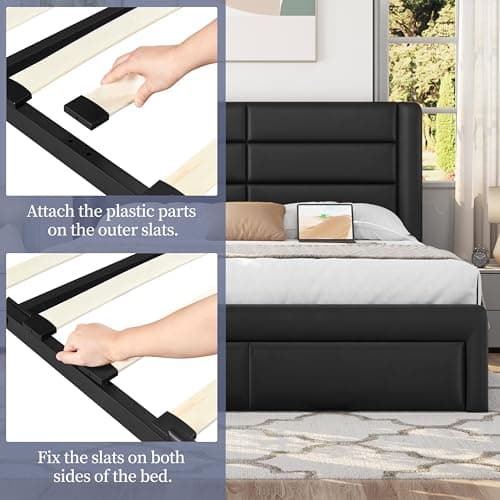 Yaheetech Queen Size Bed Frame Platform with 2 USB Charging Station/Port for Type A&Type C/3 Storage Drawers, Leather Upholstered with Headboard/Solid Wood Slat Support/No Box Spring Needed/Black 5