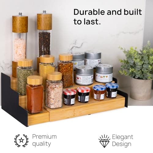 Ibyx Premium 3-Tier Spice Rack Organizer for Cabinet - Expandable Bamboo Spice Storage - Non-Skid Countertop Step Spice Shelf - Great for Kitchen Cabinet, Countertop, Cupboard, Pantry (Natural) 5