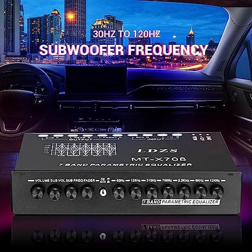 Facmogu 7-Band Car Audio Equalizer, Adjustable 7 Bands EQ Car Amplifier Graphic Equalizer with CD/AUX Input Select Switch, Front/Rear + Sub Output, for Boat RV RTV Motorcycle Car Stereo Tone Control 5