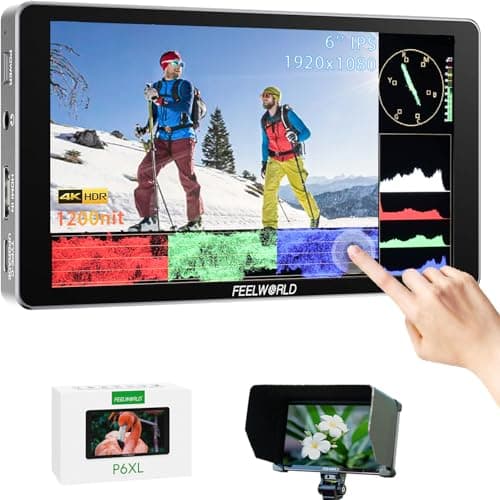 FEELWORLD P6XL 6 Inch Camera Monitor, 1200nit IPS Touch Screen 1920x1080 Built-in 3000mAh Battery Camera Field Monitor with Sunshade, Video Assist HDR Waveform Focus Peaking 3D LUT 4K HDMI