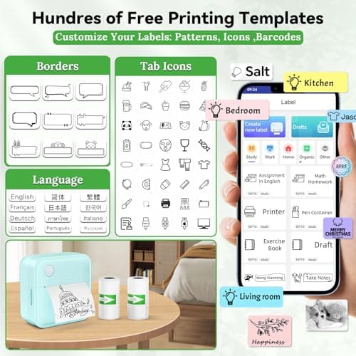 Miouca Label Maker Machine with Tape - Mini Sticker Printer Bluetooth Label Printer for Home Office Organization, Portable Thermal Sticker Maker Print Pod with Multiple Templates for Phone (Green) 7