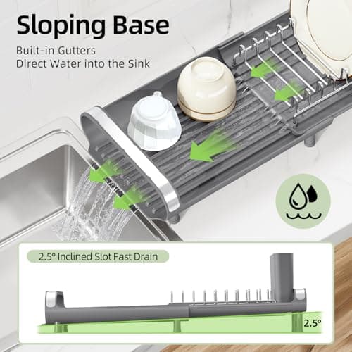 TOOLF Small Dish Drying Rack, Mini Expandable Compact Dish Rack, Slim Extendable Stainless Steel Dish Drainer for Kitchen Plate Storage, Space Saving Dish Strainer in Sink or on Home Countertop, Gray 6