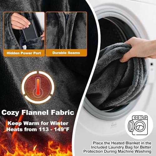 Safeeze Large Portable Heated Blanket 71" × 43", Includes 2 Portable 20000mAh 7.4V Power Banks, 11 Heating Zones, 3 Heat Settings, 1–6H Timer, Machine Washable, with Laundry Bag, Waist Belt & Backpack 6