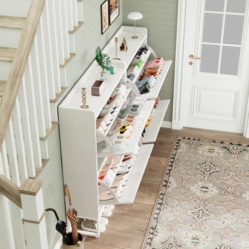 GRUSIGN Shoe Cabinet, Shoe Storage Cabinet with 2 Flip Drawers & Adjustable Shelf, Space-Saving Shoe Organizer – Holds 16+ Pairs, Narrow Shoe Cabinet Storage for Entryway/Hallway（Ivory ） 8