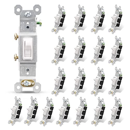 ELEGRP Single Pole Toggle Light Switch, 15 Amp, 120 Volt, Toggle Framed AC Quiet Switch, In Wall On/Off Switch Replacement, Self-Grounding, Residential and Commercial Grade, UL (20 Pack, Glossy White)