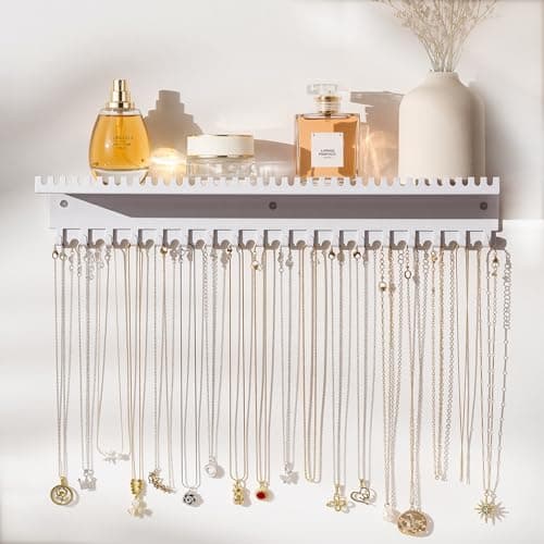 Josmimic Necklace Holder Wall Hanging Organizer: Wall Mounted Jewelry Shelf with 56 Hooks and Tray, Display Hanger for Kids, Girls and Women, White & Metal