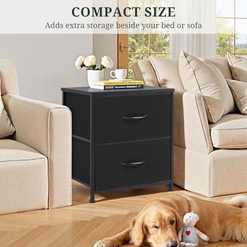 Nightstand, Small 2 Drawer Dresser End Table Bedside Furniture, Wooden Top Fabric Bins for Bedroom, Closet, Entryway, Dorm, 11.8" D x 18" W x 20", Black 5