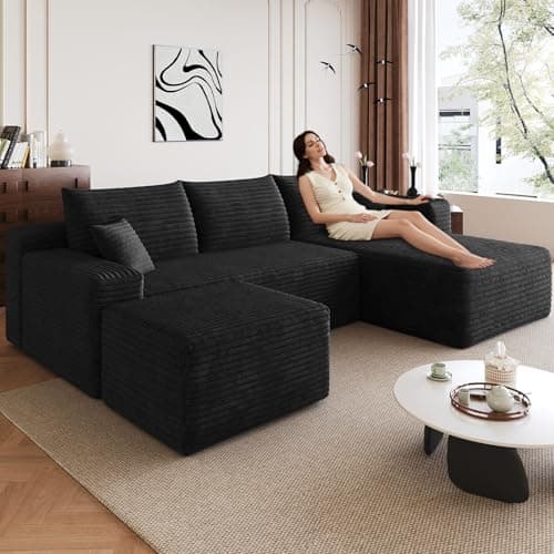 95" Modular Sectional Sofa with Ottoman, Modern Corduroy Cloud Couch with Deep Seat, Boneless Couch Upholstered 3-Seater U-Shaped Sofa for Living Room, No Assembly (Black,Right-Facing Chaise)