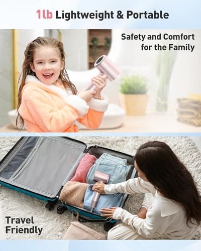 Hair Dryer,110,000 RPM Professional Blow Dryer - Brushless Motor with Negative Ionic Technology for Faster Drying,Magnetic Nozzle,Compact Design for Women Home&Travel Use,Pink 6