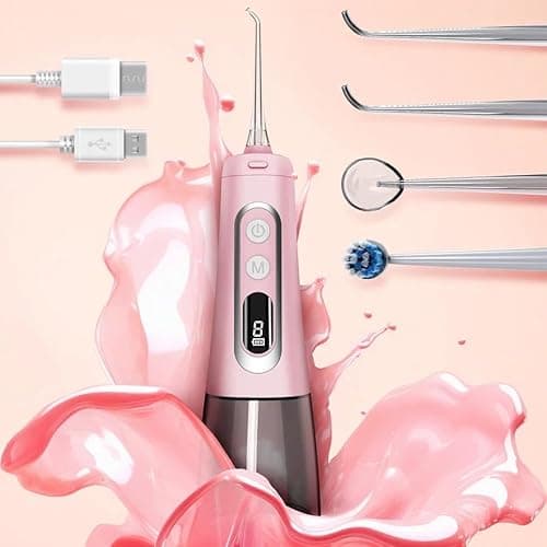 Coredless Water Dental Flosser Teeth Pick with 9 Modes, Portable Rechargeable Oral Irrigator for Teeth Cleaning and flossing, Travel Electric flosser for Adults with 4 Jet Tips IPX7 Waterproof, Pink