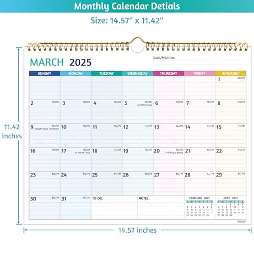 2025-2026 Wall Calendar - Mar 2025 – Aug 2026, 18 Months Calendar 2025-2026, 14.57 x 11.42 In, 2025 Calendar, Monthly Calendar with Ruled Blocks, Thick Paper, Holidays, To-do ＆ Notes 8