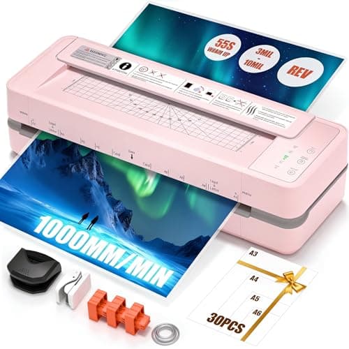 13" 4-Roller Commercial Laminator Machine,3-10 Mil Thickness Laminating Machine,Fast 55s Warm-Up&1000mm/min Laminating Speed for Laminating 11x17&A3 Size,Includes 30 Sheets for Office,School（Pink）