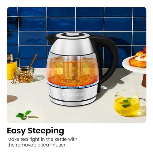 CHEFMAN Electric Kettle - 1.2L 1500W Hot Water Tea Pot with Infuser, BPA Free, Auto Shut Off, Boil-Dry Protection, Removable Lid, LED Light, Cordless Glass Electric Tea Kettle – Stainless Steel 6