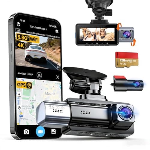 JIMIMAX 4K+1080P+1080P 3 Channel Dash Cam Front and Rear with Cabin, Free 128GB Card Included, 5.8GHz WIFI6 Dash Camera, IR Night Vision, Built-in GPS, G-Sensor, 24H Parking Mode, Support 512GB Max