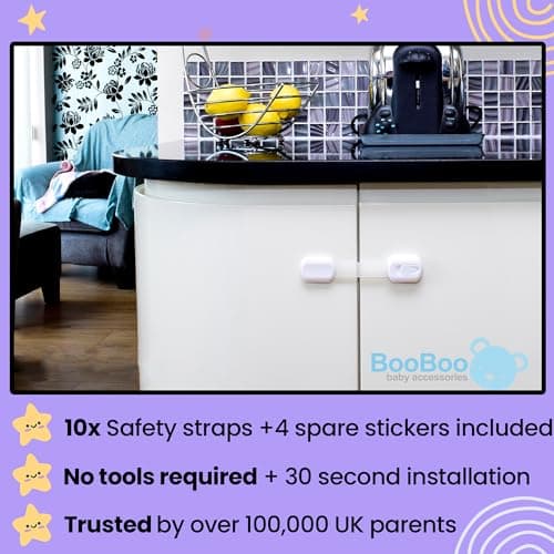 Booboo® (10 Pack) Premium Cabinet Locks Baby Proofing, Child Proof Cabinet Locks, Cupboard Locks for Children with 3M Adhesive + 4 Extra Stickers 5