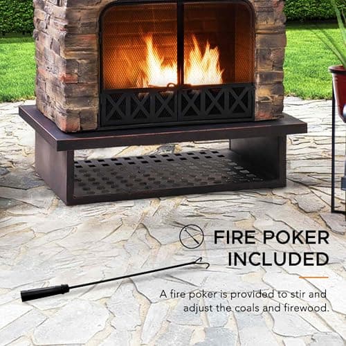Sunjoy Outdoor Fireplace, Heavy Duty Patio Wood Burning Fireplace with Steel Chimney, Mesh Spark Screen Doors, Removable Grate and Fire Poker, Black 7