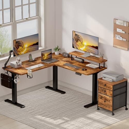 Electric L Shaped Standing Desk with File Cabinet, 59" x 59" Corner Computer Desk with Drawers, Dual Motor Stand Up Desk with Storage, FLYCITY Home Office Standing Desk Adjustable Height, Rustic Brown