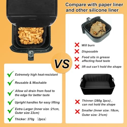 BYKITCHEN 9 Inch Square Silicone Air Fryer Liners for 6 to 8QT, Set of 2, Reusable Silicone Airfryer Tray Insert, Air Fryer Accessories for Corsori 6QT, Ninja Airfryer Pro XL 6.5QT, Gourmia & More 5