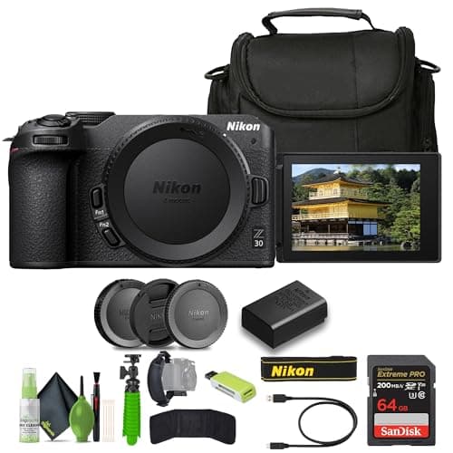 Nikon Z30 Lightweight Mirrorless Camera + Soft Case + Cleaning Kit + Memory Card Wallet + Extreme PRO 64GB Card + Card Reader + Hand Strap + 12 Inch Flex Tripod