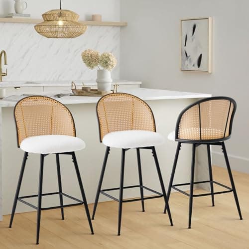Bekrvio Swivel Counter Height Bar Stools Set of 3, Mid Century Modern 26" Bar Chairs with Rattan Back & Metal Legs, Upholstered Boucle Fabric Barstools Island Stools for Kitchen Counter Home Bar,White