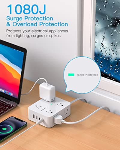 Surge Protector Power Strip, HANYCONY Extension Cord with Multiple Outlets, 5 Ft Ultra Thin Flat Plug 8 Outlets 4 USB Ports(2USB C), 1080J Outlet Extender for Home Office College Dorm Room Essentials 6