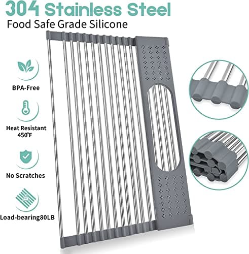 Techsea roll-up-Dish Drying Rack,Multipurpose Heat Resistant Over-The-Sink Dish Drying Rack, Stainless Steel Kitchen Sink Drying Rack (17.5" x 15.2") 6