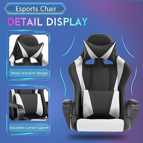 PayLessHere Ergonomic Racing Desk Chair Gaming Chair Computer Chair with Armrests 360° Swivel & Caster Pu Desk Task Chair Executive Headrest Lumbar Support for Back Pain Women Men and Adults (White) 6