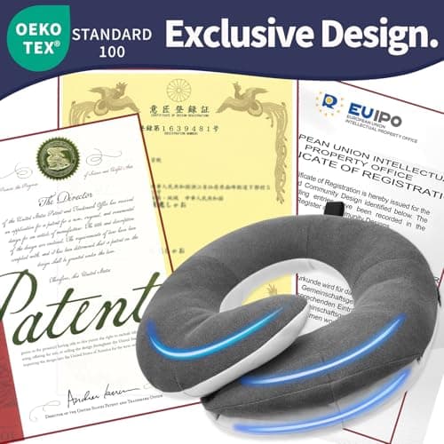 BUYUE Travel Neck Pillows for Airplanes, 360° Head Support Sleep for Long Flight, Skin-Friendly & Breathable, Kit with 3D Contoured Eye Mask, Earplugs and Storage Bag (Adult, Grey, 90+ lbs) 5