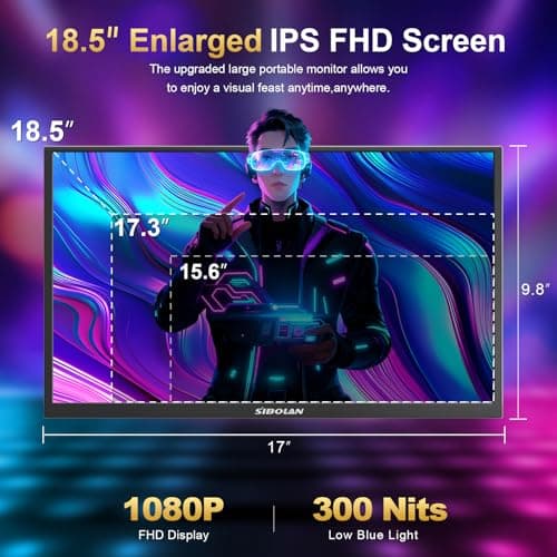 sibolan Portable Monitor 18.5inch 1080P FHD 100Hz Refresh Rate Gaming Monitor, 72% sRGB, IPS Panel, Dual USB-C & Mini-HDMI for Laptop, PC, Phone, Built-in Kickstand, Speakers 3