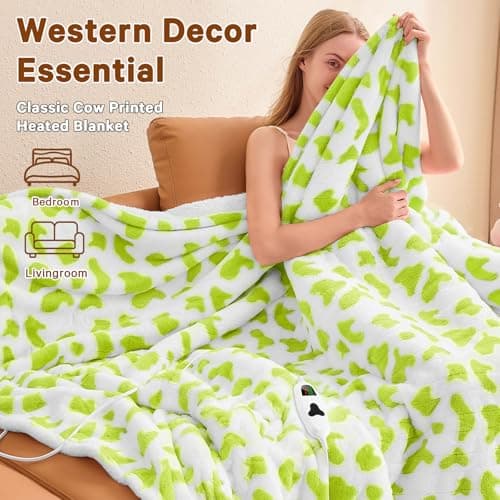Green Cow Heated Electric Blanket Throw, 50X60 Heating Blanket with 10 Heats Levels & 8 Hours Auto Off, Cute Christmas Yoga Gifts for Women Teen Girls Mom Pets, Home Decor for Living Room Bedroom 5