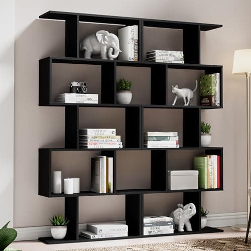 Cozy Castle Set of 2 Geometric Bookcase, S-Shaped Modern Bookshelf, Room Divider Bookshelf, 62" Tall Unique Abstract Bookcase with 5-Tier Display Shelf for Living Room Office, Black