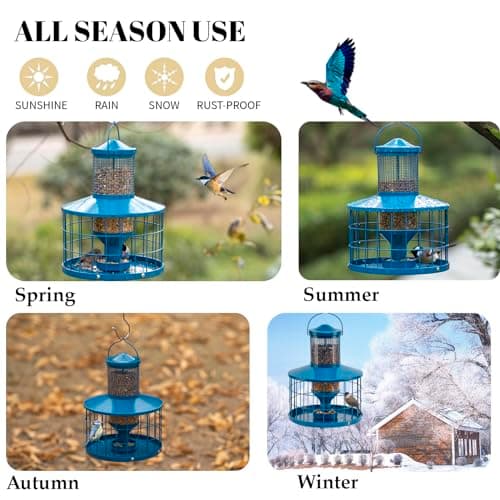 Caged Bird Feeders Squirrel-Proof, Metal, 2.8 Lbs Capacity-Cage Tube Seed Feeders with Tray Outdoor Hanging, Attract Birds,Detachable Cleaning, Starling Proof Wild Bird Feeder（Blue） 7