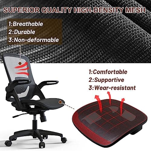 KOLLIEE Mesh Home Office Chair Ergonomic Swivel Office Desk Chair with Adjustable Lumbar Support Black Comfortable Computer Chair with Flip up 6