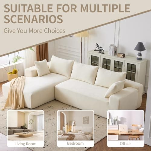 107'' Modular Sectional Sofa, Cloud Sectional Couch with Deep Seat, L-Shape Sofa Couch with Chaise, Convertible Sponge Compression Sofas for Living Room Bedroom, White 6