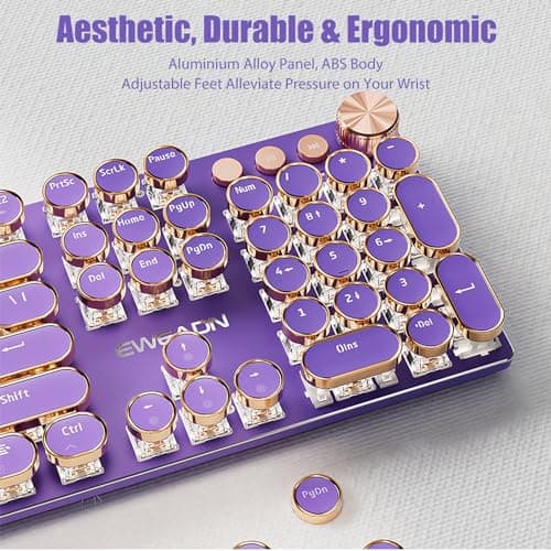 TISHLED Typewriter Style Mechanical Gaming Keyboard White LED Backlit 104-Key NKRO Pink Switches Retro Round Keycaps Golden Ring Volume Knob Metal Panel Wired USB-C Detachable Cable, Purple 7